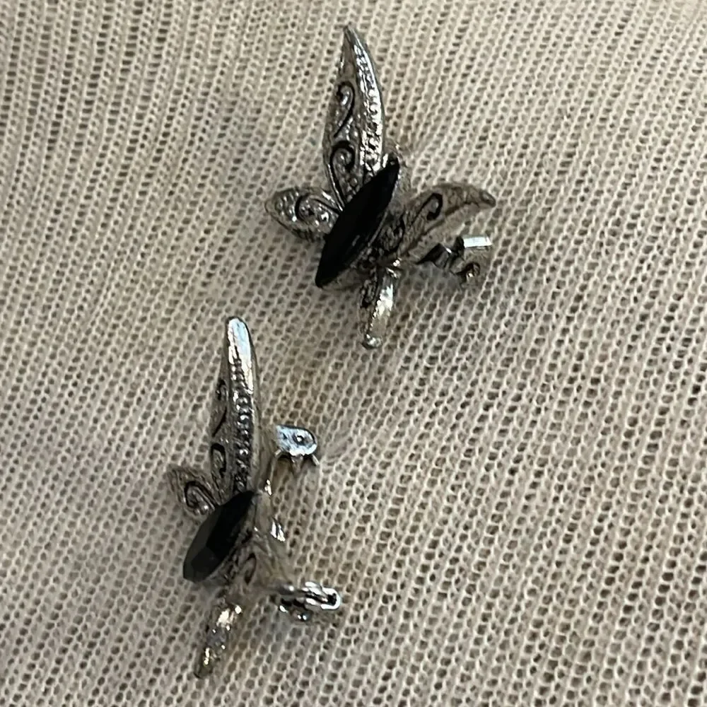 2 Vintage Sliver-tone Butterfly with Jet Black Rhinestone with Bracelet